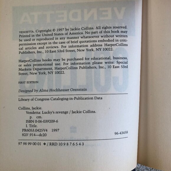 Jackie Collins, Hardcover Book, Vendetta: Lucky's Revenge, First Edition 1997 - Picture 3 of 3